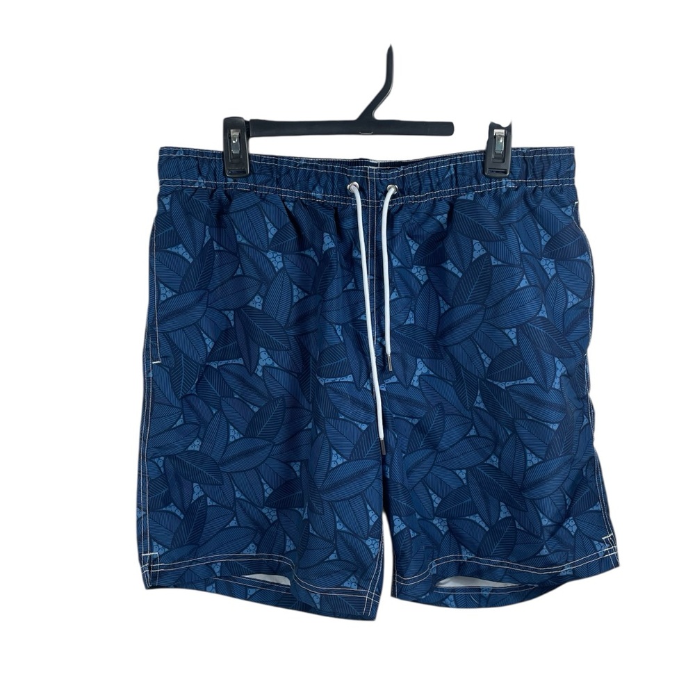 Lands' End Navy Leaf Print Men's Swim Trunks, Size 36-38 large